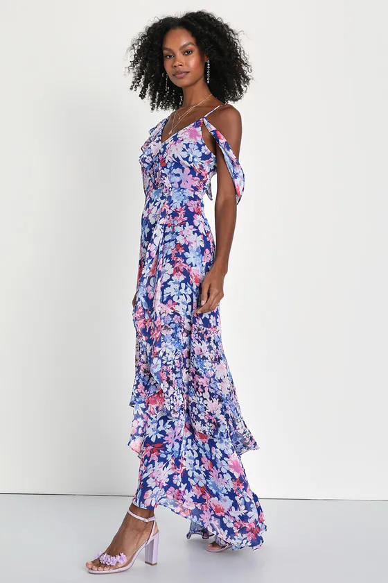Radiant Blue Floral Print Chiffon Maxi Dress sold by Lulus product image thumbnail 3