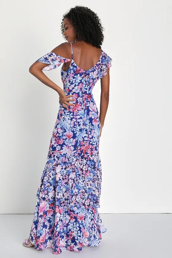 Radiant Blue Floral Print Chiffon Maxi Dress sold by Lulus product image thumbnail 4