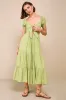 Darling Concept Green Tiered Tie-Front Puff Sleeve Midi Dress sold by Lulus
