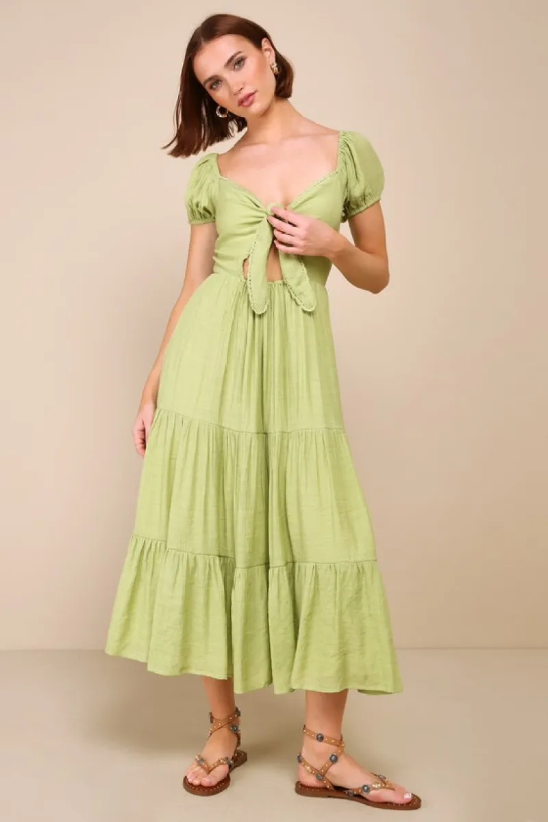 Darling Concept Green Tiered Tie-Front Puff Sleeve Midi Dress sold by Lulus