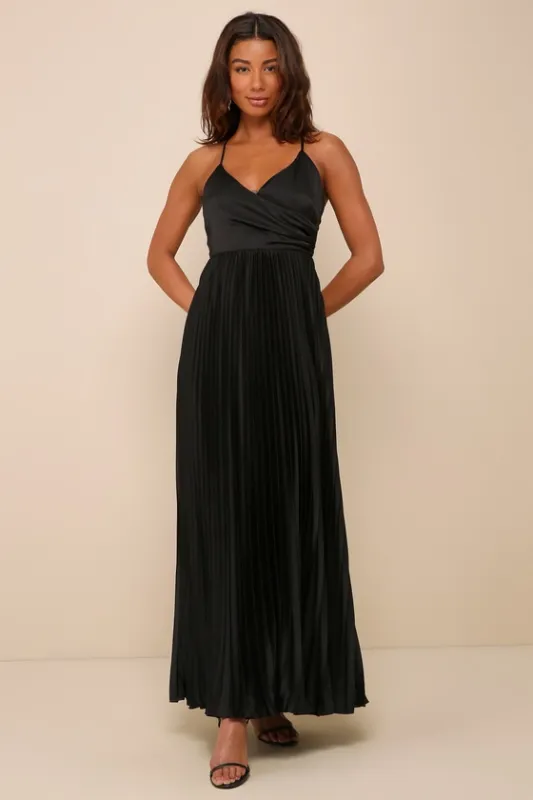 Precious Sentiments Black Satin Pleated Tie-Back Maxi Dress sold by Lulus