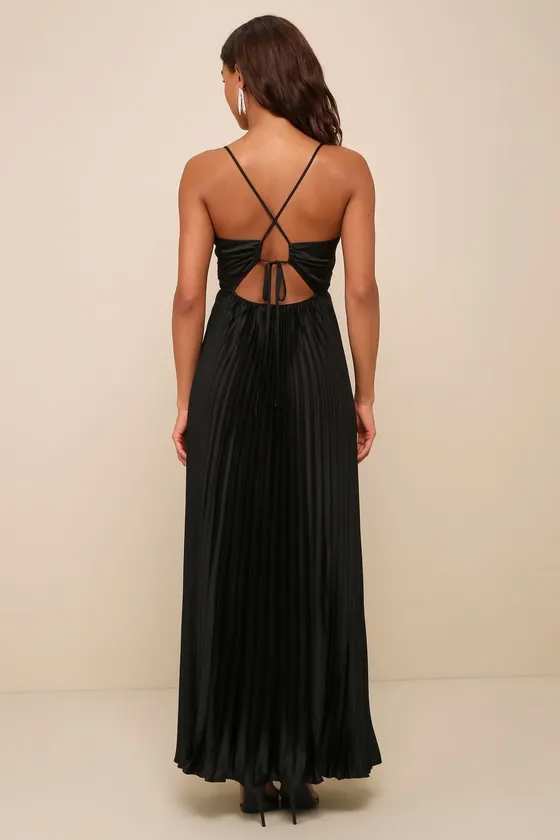 Precious Sentiments Black Satin Pleated Tie-Back Maxi Dress sold by Lulus product image thumbnail 2