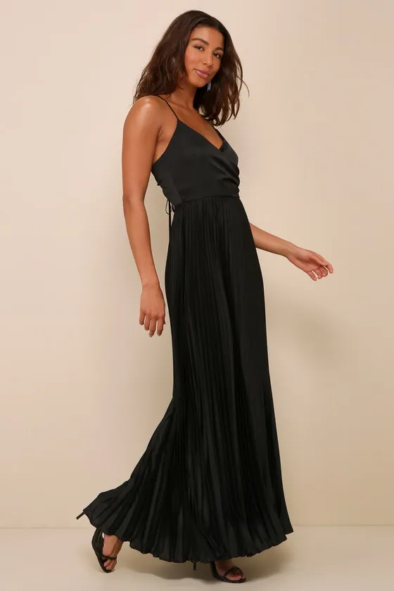 Precious Sentiments Black Satin Pleated Tie-Back Maxi Dress sold by Lulus product image thumbnail 4