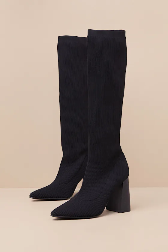 Zolla Black Ribbed Knit Pointed-Toe Knee-High Sock Boots sold by Lulus product image thumbnail 2