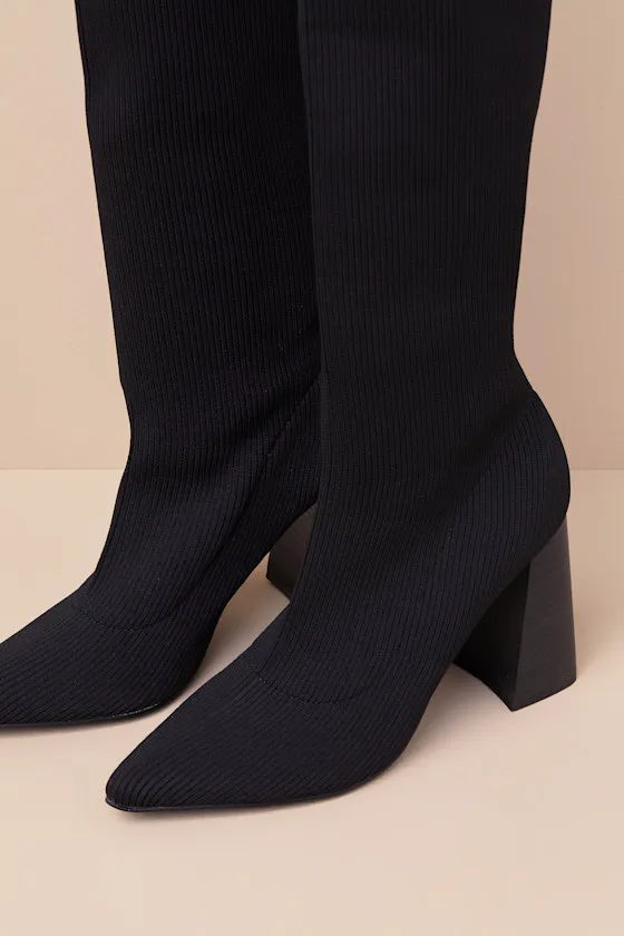 Zolla Black Ribbed Knit Pointed-Toe Knee-High Sock Boots sold by Lulus product image thumbnail 3