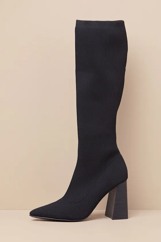 Zolla Black Ribbed Knit Pointed-Toe Knee-High Sock Boots sold by Lulus product image thumbnail 4