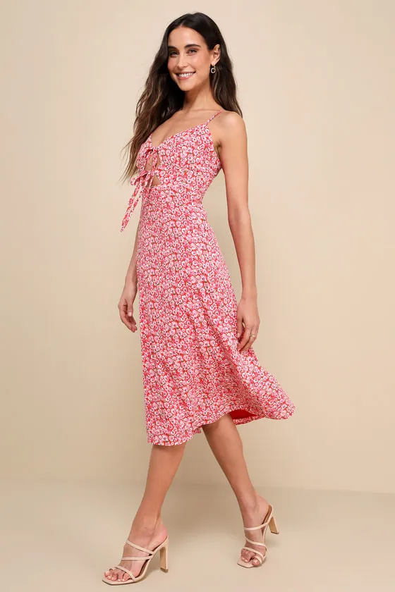 Intricate Sweetness Red Floral Tie-Front Sleeveless Midi Dress sold by Lulus