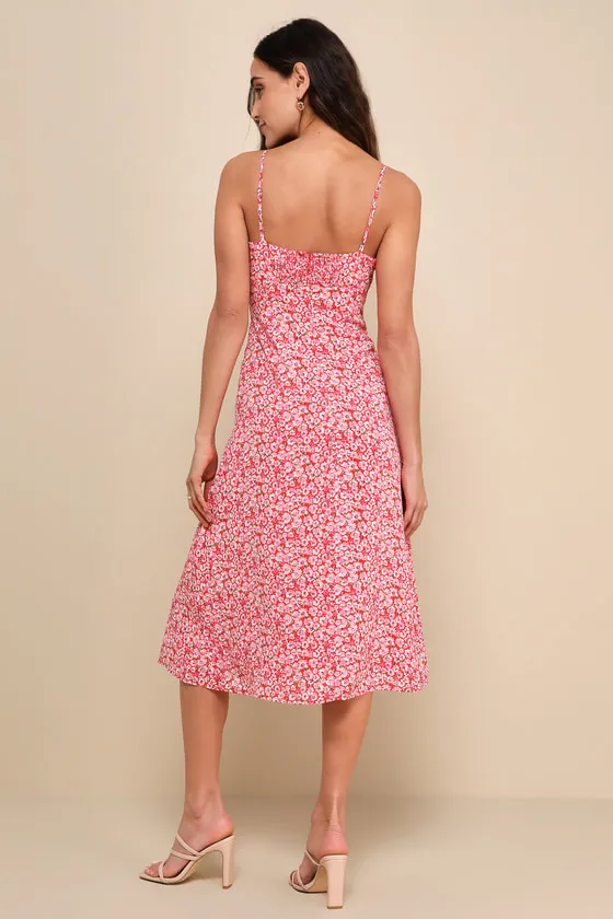 Intricate Sweetness Red Floral Tie-Front Sleeveless Midi Dress sold by Lulus product image thumbnail 3