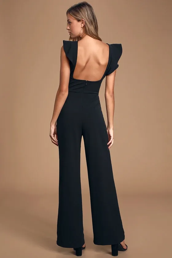 Feel Your Love Black Ruffled Wide-Leg Jumpsuit sold by Lulus product image thumbnail 4