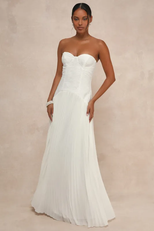 Divine Devotion White Embroidered Pleated Strapless Maxi Dress sold by Lulus