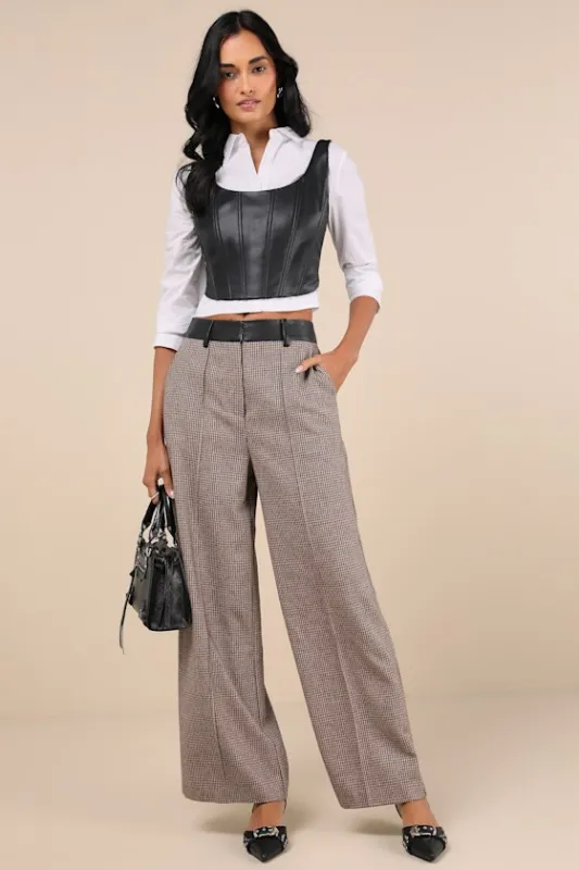Memorably Chic Brown Houndstooth Tweed Wide-Leg Pants sold by Lulus