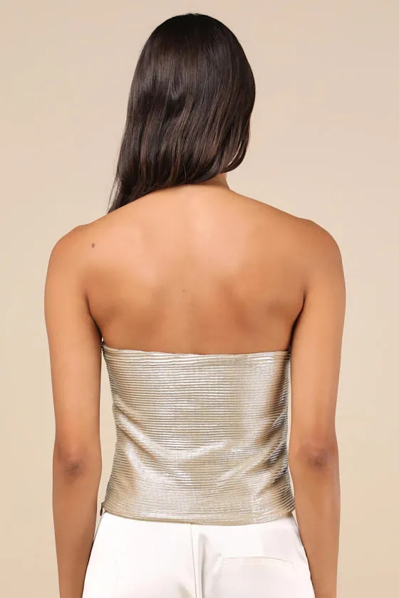 Fashionista Flair Shiny Champagne Bow Strapless Top sold by Lulus product image thumbnail 2