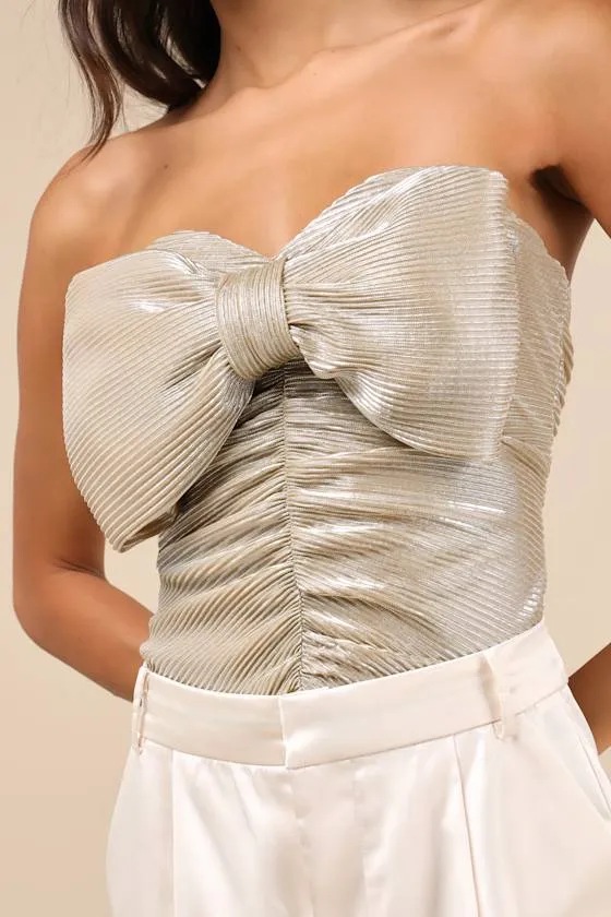 Fashionista Flair Shiny Champagne Bow Strapless Top sold by Lulus product image thumbnail 4