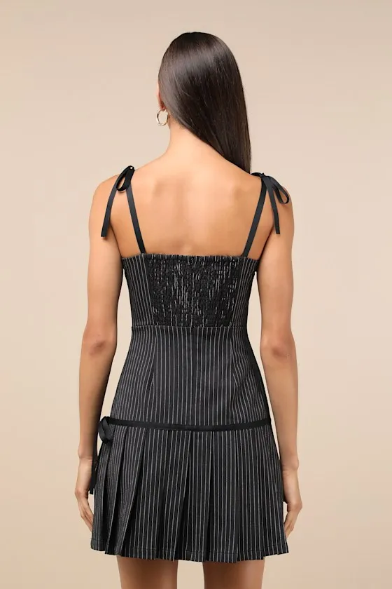 Posh Flirtation Black Pinstriped Tie-Strap Drop-Waist Mini Dress sold by Lulus product image thumbnail 2