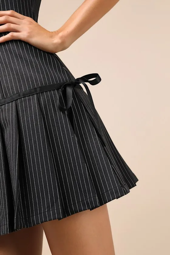Posh Flirtation Black Pinstriped Tie-Strap Drop-Waist Mini Dress sold by Lulus product image thumbnail 4