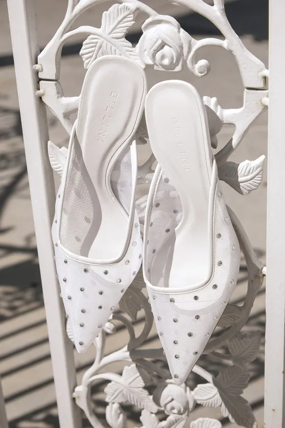 Antonia White Mesh Rhinestone Pointed-Toe Mule Pumps sold by Lulus