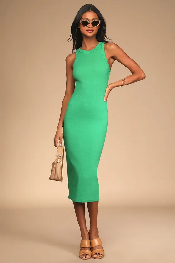 Majorly Trendy Green Ribbed Bodycon Midi Dress sold by Lulus