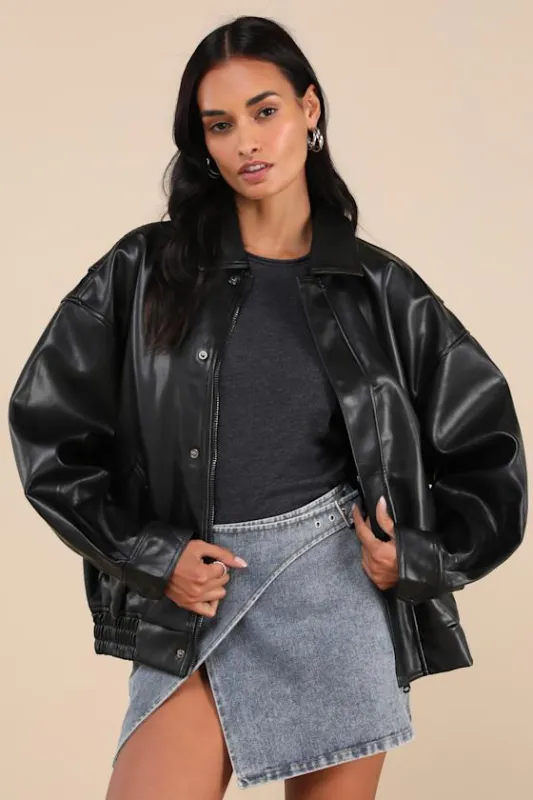 Kenny Black Oversized Vegan Leather Bomber Jacket sold by Lulus