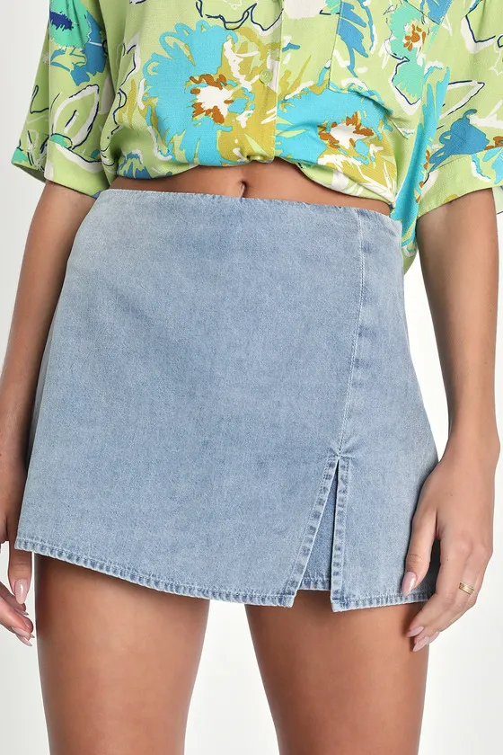 Born To Be Adored Light Wash Denim High-Rise Mini Skort sold by Lulus