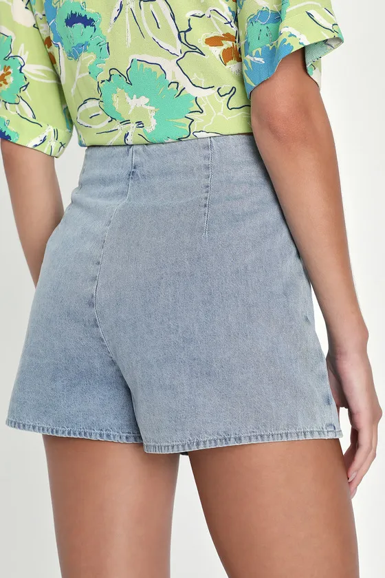 Born To Be Adored Light Wash Denim High-Rise Mini Skort sold by Lulus product image thumbnail 2