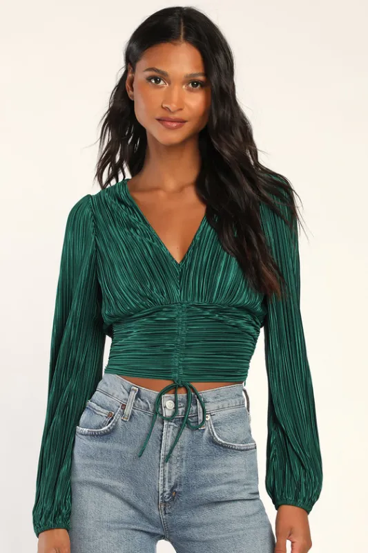 Gorgeous Glamour Emerald Green Plisse Satin Long Sleeve Top sold by Lulus