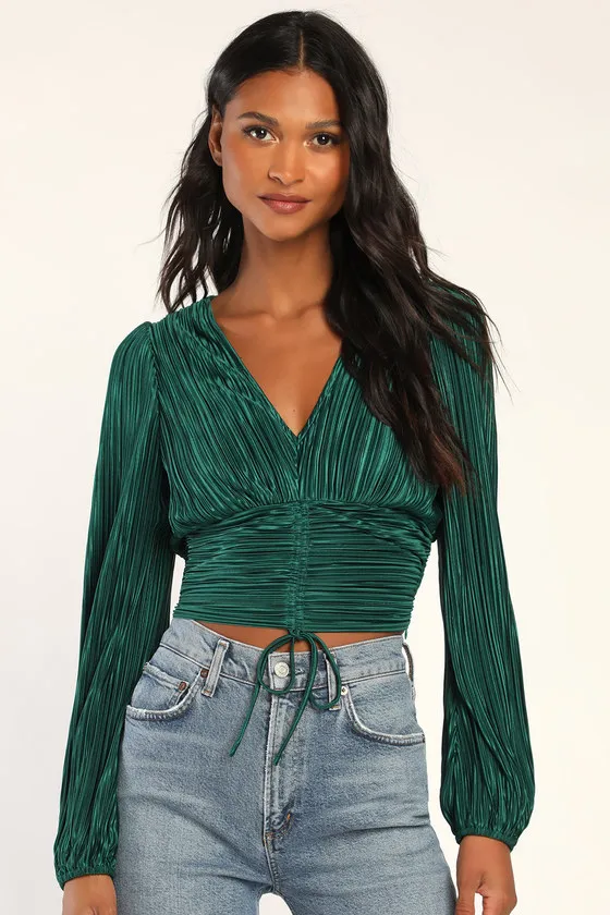 Gorgeous Glamour Emerald Green Plisse Satin Long Sleeve Top sold by Lulus