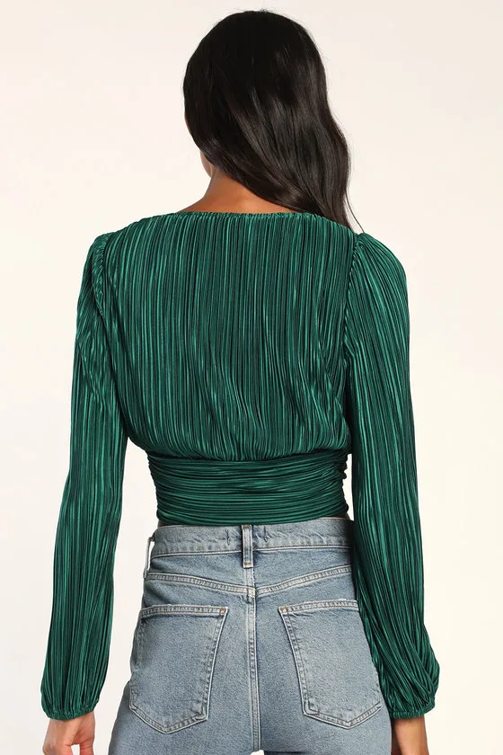 Gorgeous Glamour Emerald Green Plisse Satin Long Sleeve Top sold by Lulus product image thumbnail 3
