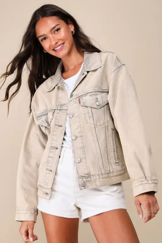 90s Trucker Washed Khaki Denim Jacket sold by Lulus