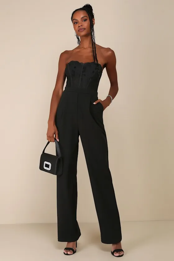 Positively Impressive Black Lace Strapless Bustier Jumpsuit sold by Lulus