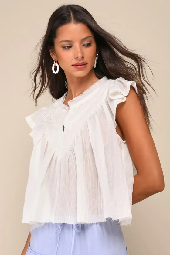 Compelling Babe Ivory Cotton Raw Hem Ruffled Flutter Sleeve Top sold by Lulus
