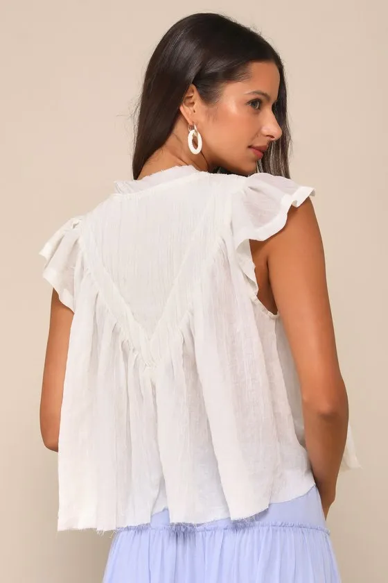 Compelling Babe Ivory Cotton Raw Hem Ruffled Flutter Sleeve Top sold by Lulus product image thumbnail 2