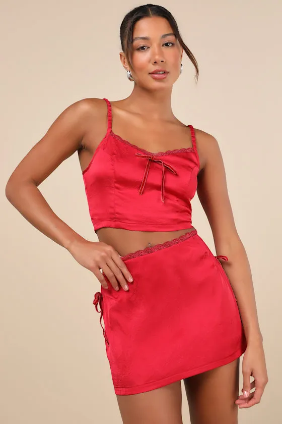 Flawless Impression Red Satin Lace Mini Skirt sold by Lulus