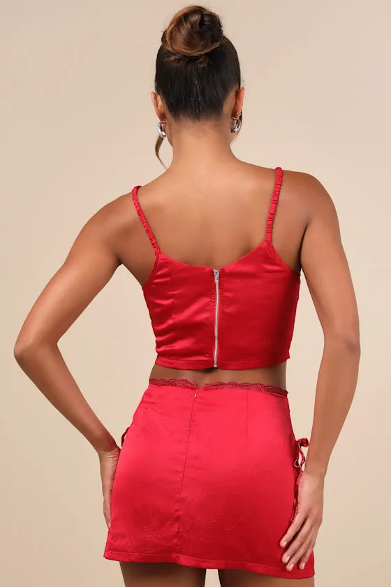 Flawless Impression Red Satin Lace Mini Skirt sold by Lulus product image thumbnail 3