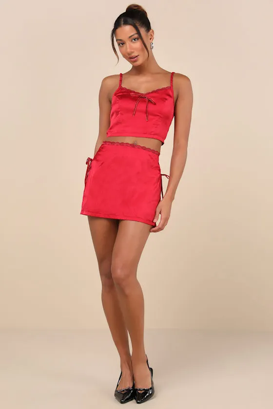 Flawless Impression Red Satin Lace Mini Skirt sold by Lulus product image thumbnail 4