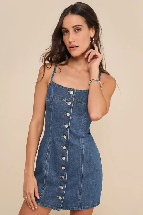 Admirable Status Medium Wash Denim Button-Front Mini Dress sold by Lulus