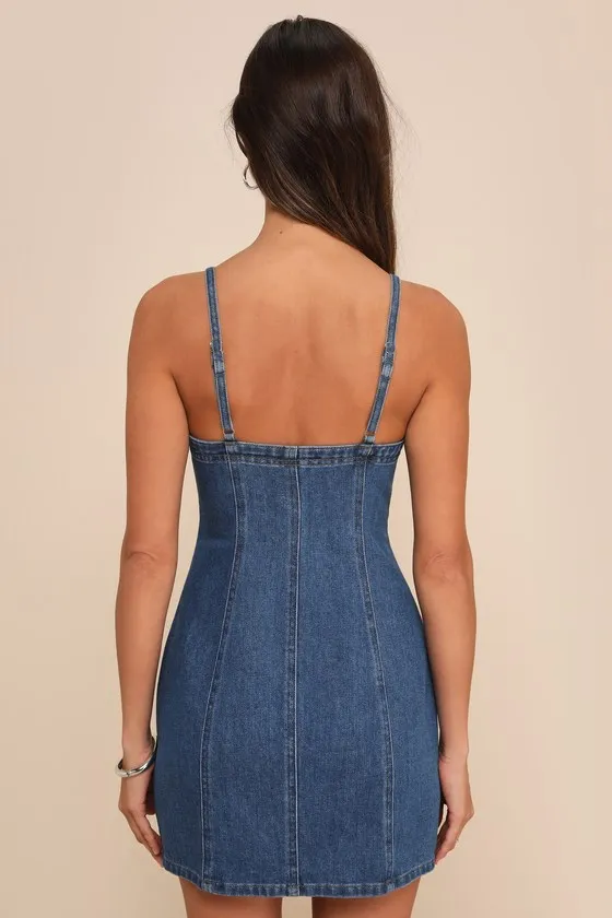 Admirable Status Medium Wash Denim Button-Front Mini Dress sold by Lulus product image thumbnail 3