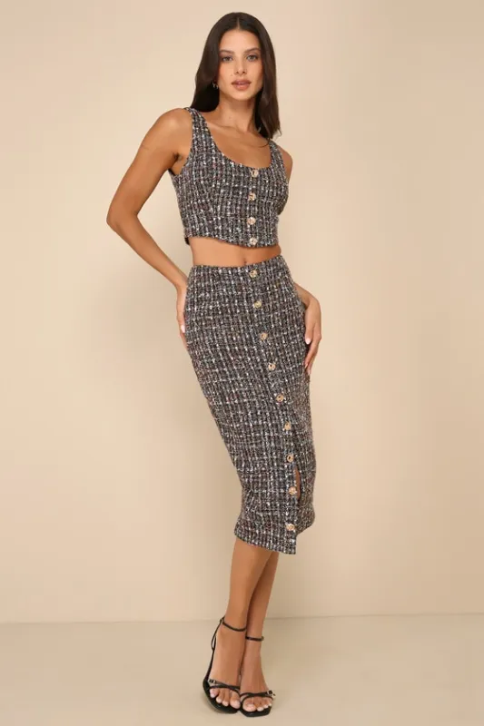 Charming Icon Black Tweed Lurex Button-Front Midi Skirt sold by Lulus