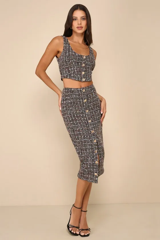 Charming Icon Black Tweed Lurex Button-Front Midi Skirt sold by Lulus