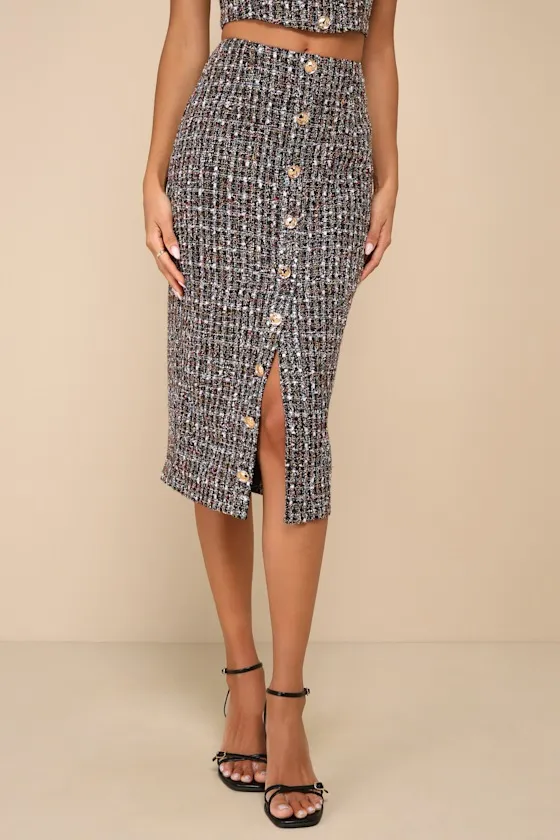 Charming Icon Black Tweed Lurex Button-Front Midi Skirt sold by Lulus product image thumbnail 2