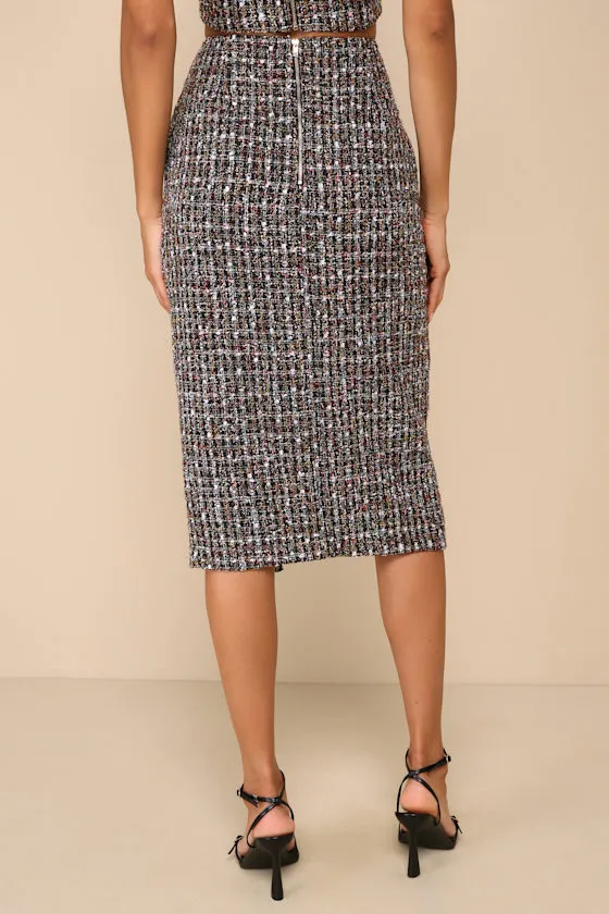 Charming Icon Black Tweed Lurex Button-Front Midi Skirt sold by Lulus product image thumbnail 3