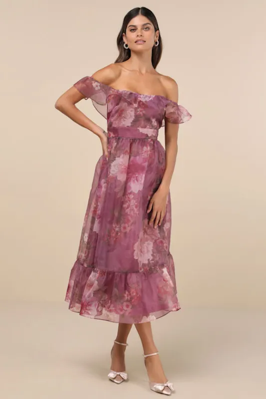 Sweet Composure Plum Floral Organza Off-the-Shoulder Midi Dress sold by Lulus
