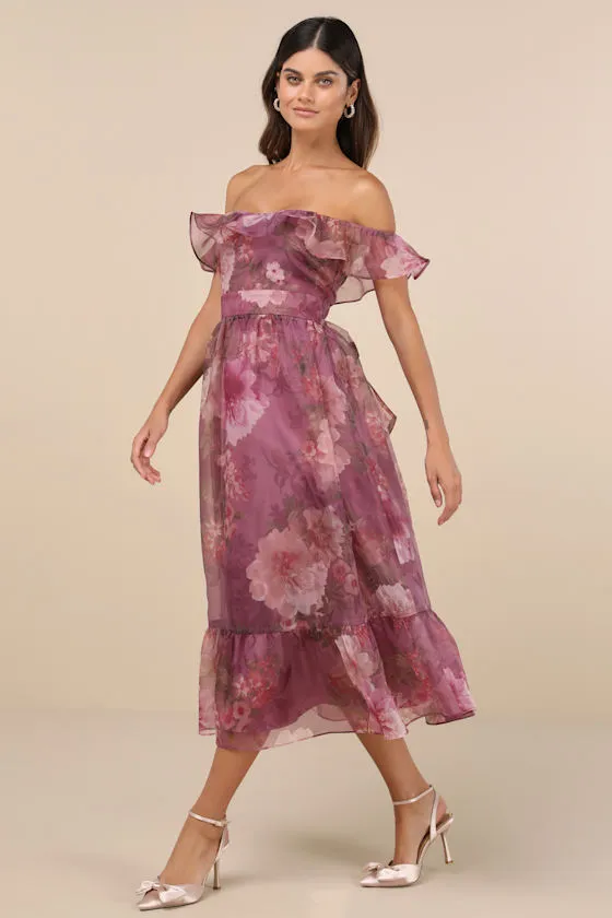 Sweet Composure Plum Floral Organza Off-the-Shoulder Midi Dress sold by Lulus product image thumbnail 2