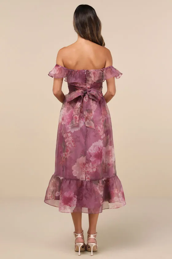 Sweet Composure Plum Floral Organza Off-the-Shoulder Midi Dress sold by Lulus product image thumbnail 3