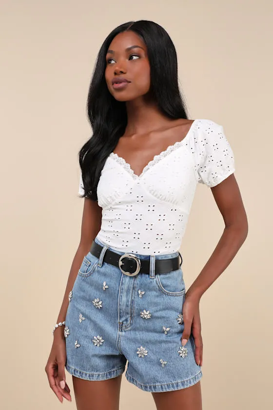 Easygoing Glow Medium Wash Denim Rhinestone High-Rise Shorts sold by Lulus