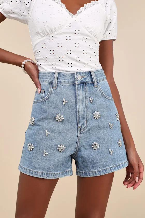 Easygoing Glow Medium Wash Denim Rhinestone High-Rise Shorts sold by Lulus product image thumbnail 2