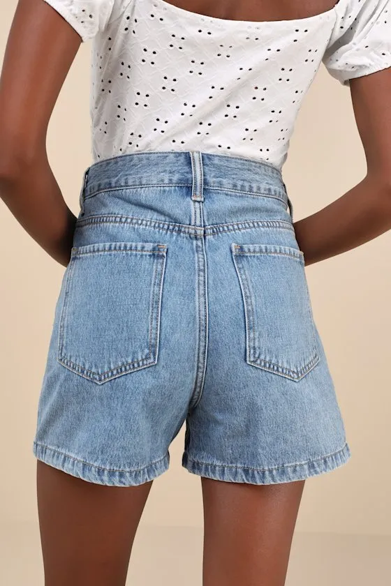 Easygoing Glow Medium Wash Denim Rhinestone High-Rise Shorts sold by Lulus product image thumbnail 3