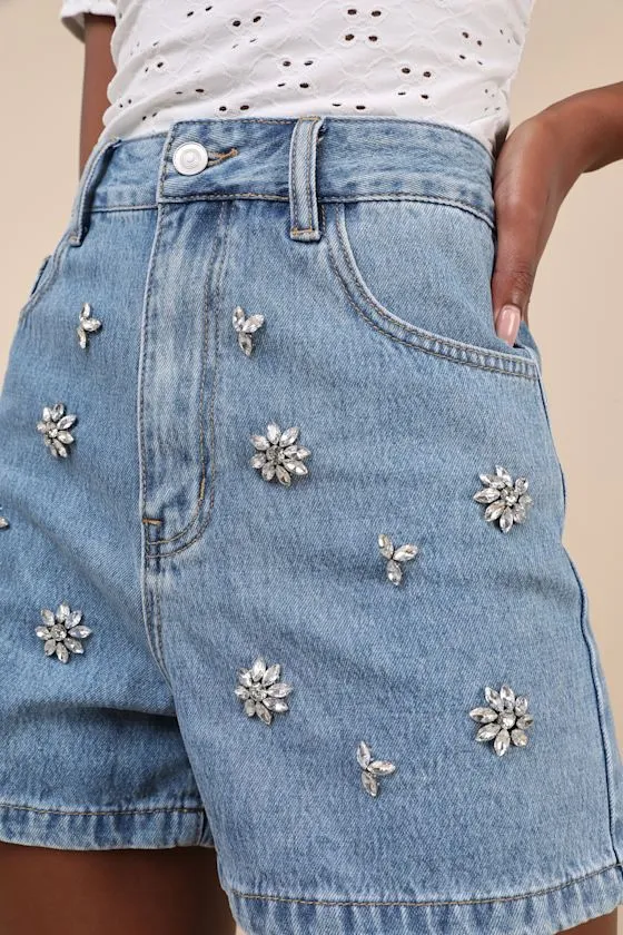 Easygoing Glow Medium Wash Denim Rhinestone High-Rise Shorts sold by Lulus product image thumbnail 4