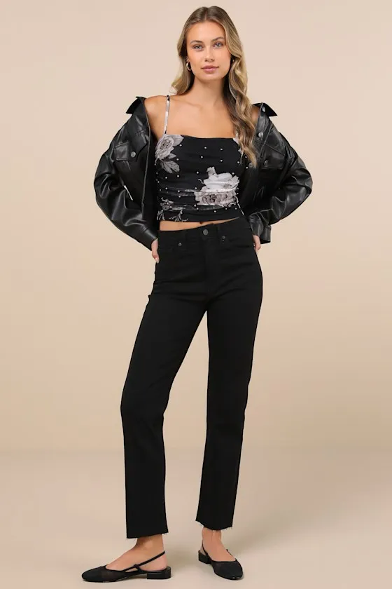 Persuasive Attitude Black Floral Mesh Pearl Cropped Tank Top sold by Lulus product image thumbnail 3