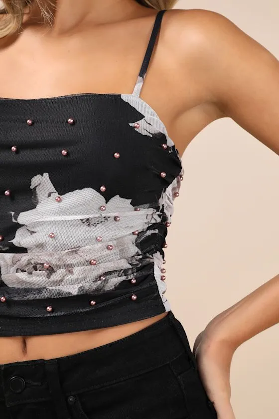 Persuasive Attitude Black Floral Mesh Pearl Cropped Tank Top sold by Lulus product image thumbnail 4