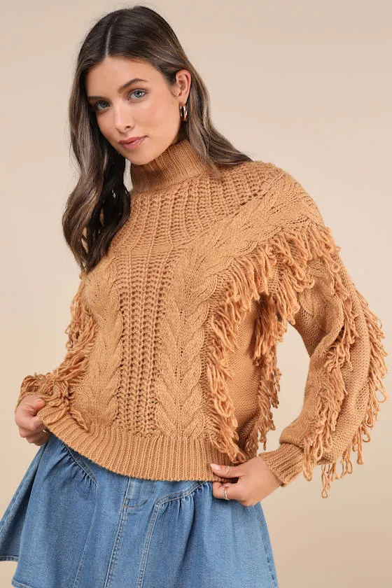 Wintertime Fave Tan Fringe Cable Knit Sweater sold by Lulus